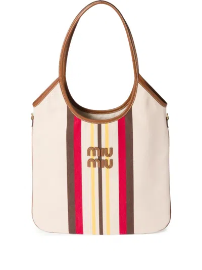 Miu Miu Ivy Canvas And Leather Bag In Neutrals