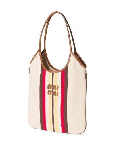 Miu Miu Ivy Canvas And Leather Bag In Neutrals