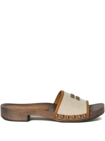 Miu Miu Canvas And Leather Studded Clog Sandals In Neutral