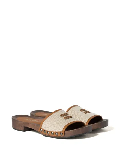Miu Miu Canvas And Leather Studded Clog Sandals In Neutral