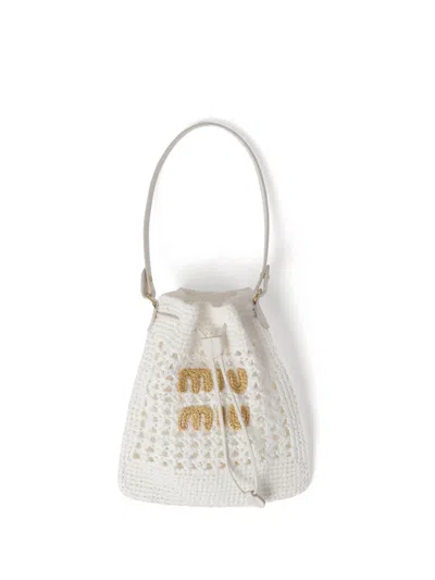 Miu Miu Mini Woven-raffia Bucket Bag In White