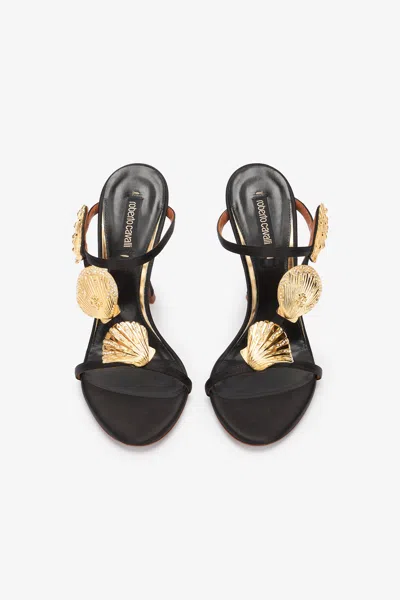 Roberto Cavalli Black Sandal With Shell Motif In Black