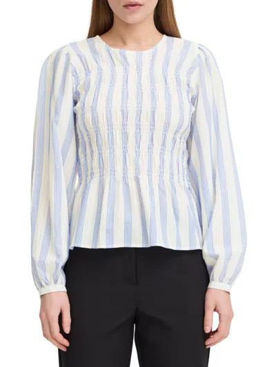 Ichi Women's Striped Peplum Blouse In Cloud White Blue