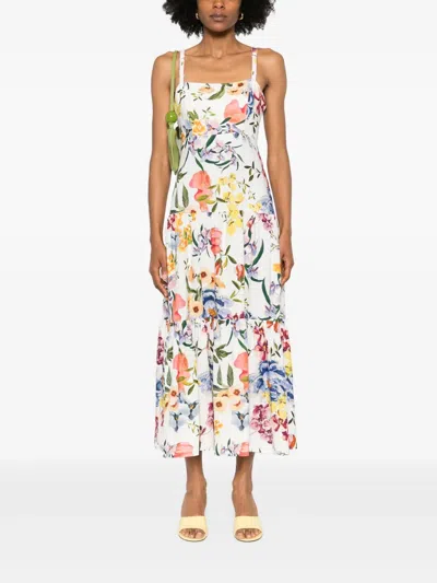 Farm Rio Dress With Floral Print In Linen Blend In White