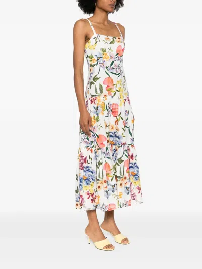 Farm Rio Dress With Floral Print In Linen Blend In White
