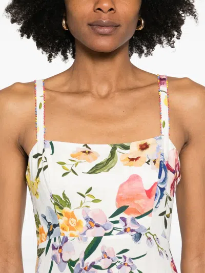 Farm Rio Dress With Floral Print In Linen Blend In White