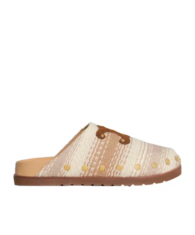 Celine Pitea Clog In Striped Cotton Textile In Tan/light Brown