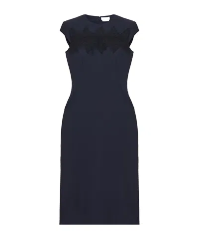 Alexander Mcqueen Wool Tailored Pencil Dress With Lace Details In Blue