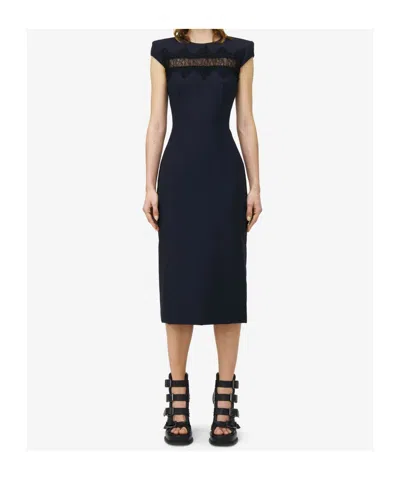 Alexander Mcqueen Wool Tailored Pencil Dress With Lace Details In Blue