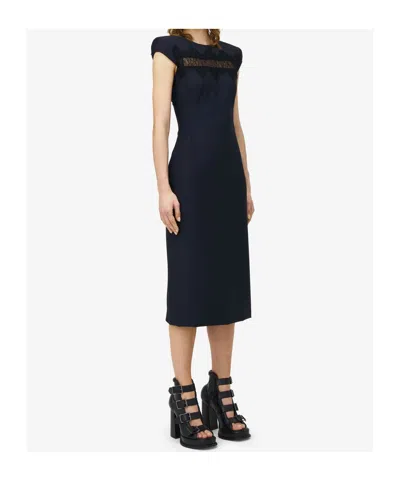 Alexander Mcqueen Wool Tailored Pencil Dress With Lace Details In Blue