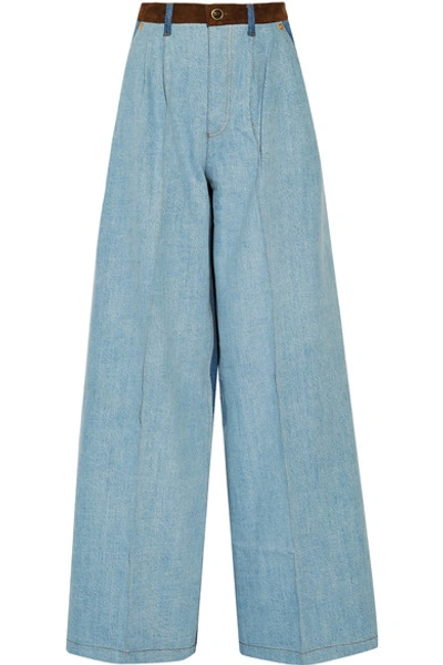 Sonia Rykiel Suede-trimmed Mid-rise Wide-leg Jeans In Light-blue