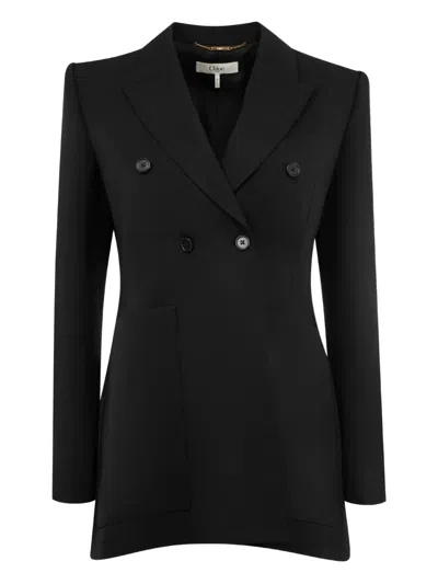 Chloé Double-breasted Wool Tailored Jacket With Patch Pockets In Black