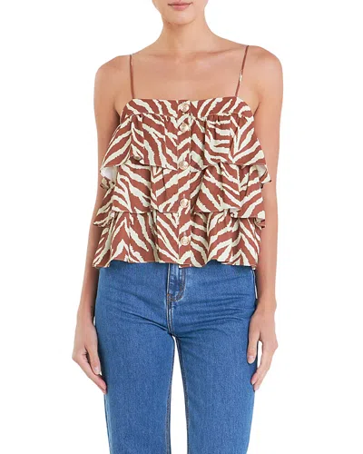 English Factory Zebra Print Tiered Button-up Camisole In Brown Multi