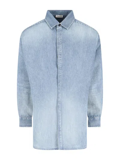Fear Of God Light Blue Shirt With Faded Denim Effect In Animal Print