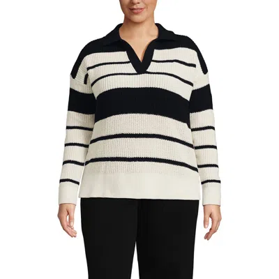 Lands' End Plus Size Cotton Boucle Johnny Collar Shaker Pullover In Black