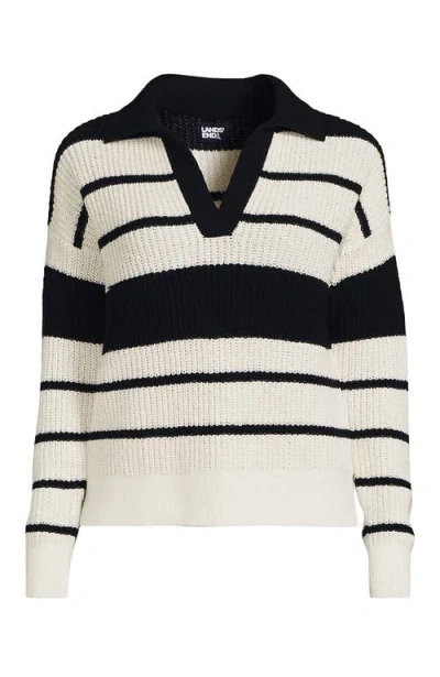Lands' End Plus Size Cotton Boucle Johnny Collar Shaker Pullover In Black