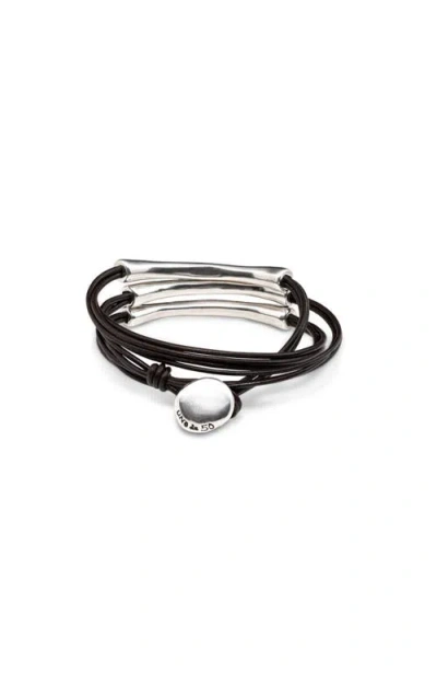 Unode50 Leather Bracelet With Three Sterling Silver-plated Strands In Silver