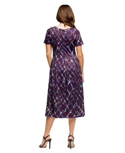24seven Comfort Apparel Women's Purple Print Short Sleeve Pleated Flare Midi Pocket Dress In Purple Mul
