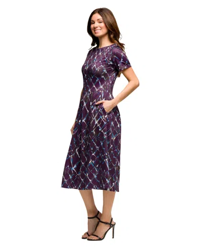 24seven Comfort Apparel Women's Purple Print Short Sleeve Pleated Flare Midi Pocket Dress In Purple Mul