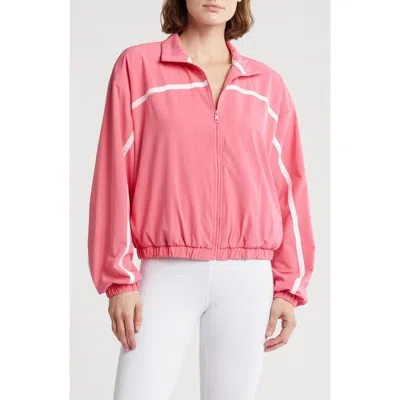 Beyond Yoga Go Retro Track Jacket In Pink Horizon/true Wh