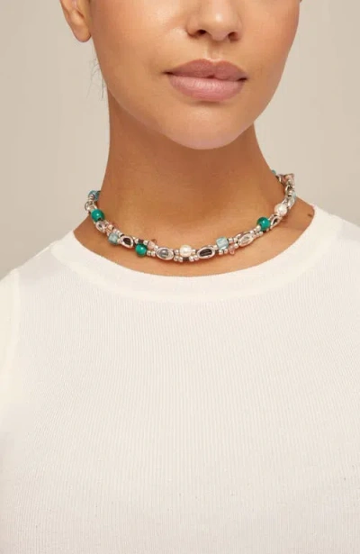 Unode50 Short Double Leather Strap Necklace With Sterling Silver-plated Links In Silver