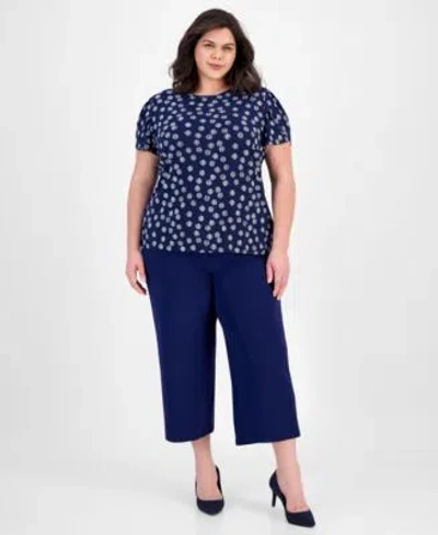 Ak Anne Klein Plus Size Tulip Sleeve Top Pull On Pants In Distant Mountain,bright White