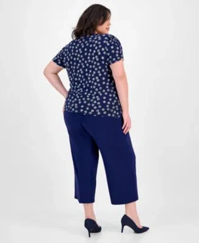 Ak Anne Klein Plus Size Tulip Sleeve Top Pull On Pants In Distant Mountain,bright White