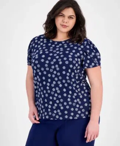 Ak Anne Klein Plus Size Tulip Sleeve Top Pull On Pants In Distant Mountain,bright White