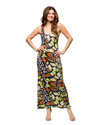 24seven Comfort Apparel Bright Butterfly Print Razorback Tank Casual Maxi Dress In Multi