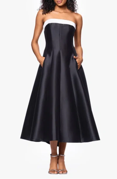 Betsy & Adam Contrast Strapless Mikado Ballgown In Black/white