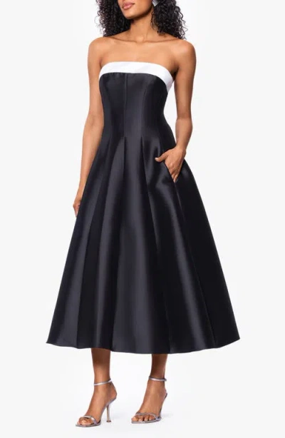 Betsy & Adam Contrast Strapless Mikado Ballgown In Black/white