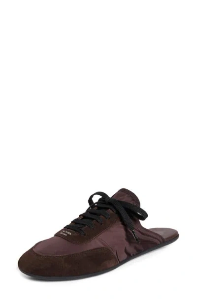 Prada Nylon And Suede Open-back Sneakers In Caffe
