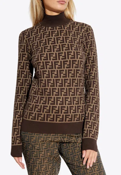 Fendi Ff Jacquard Turtleneck Sweater In Brown