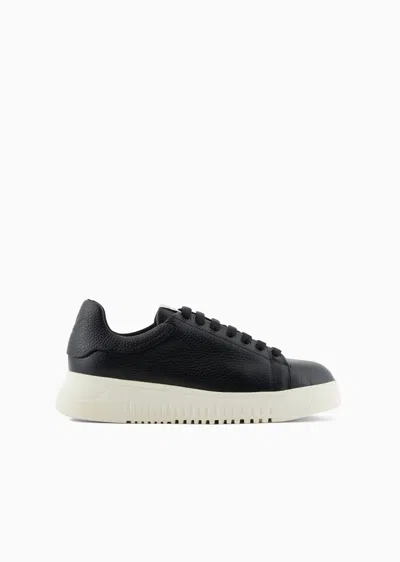 Emporio Armani Tumbled Leather Sneakers In Black