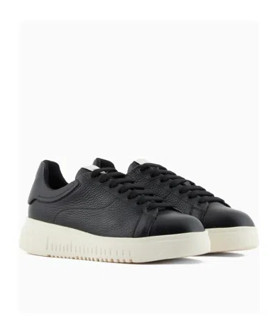 Emporio Armani Tumbled Leather Sneakers In Black