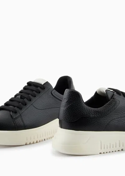 Emporio Armani Tumbled Leather Sneakers In Black