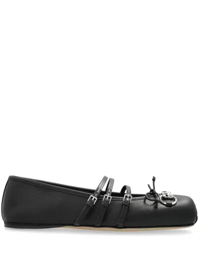 Gucci Leather Bow Detail Squared Toe Ballet Flats In Black