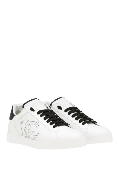 Dolce & Gabbana White And Black Leather Sneakers In White