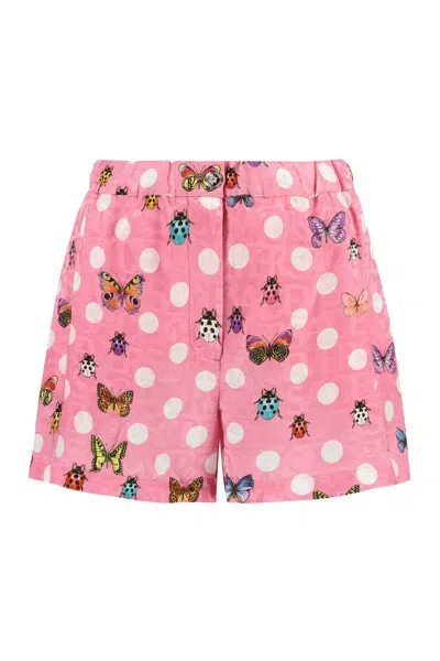 Versace Butterfly Polka Dot Elastic Waist Shorts In Pink/multi