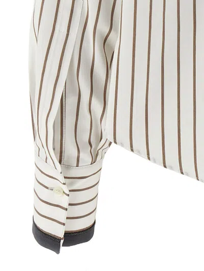 Brunello Cucinelli Long-sleeve Shirt With Vertical Stripes And Contrasting Cuffs In White