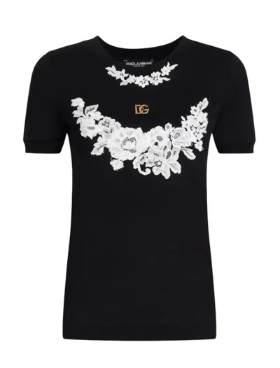 Dolce & Gabbana Jersey T-shirt With Dg Logo And Lace Details In Black
