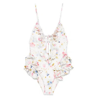 Zimmermann Multicolour Floral Swimsuit With Ruffled Edges And Adjustable Ties In Multi