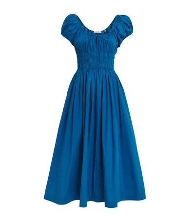 Doen Quinn Tie-detailed Shirred Cotton-poplin Midi Dress In Blue