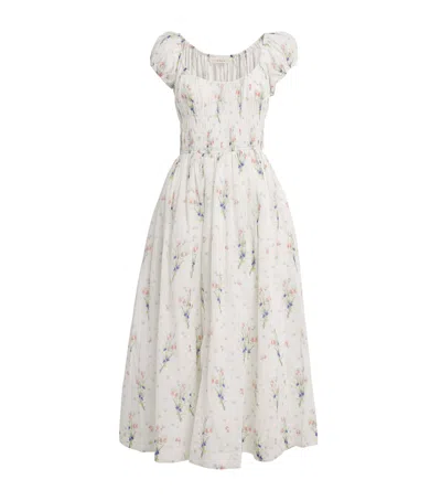 Doen Quinley Shirred Floral-print Organic Cotton Midi Dress In White