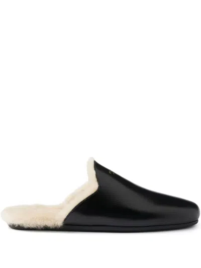 Prada Brushed Leather And Shearling Mules In Black