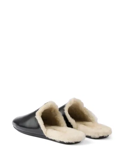 Prada Brushed Leather And Shearling Mules In Black