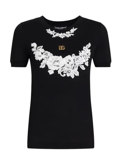 Dolce & Gabbana Jersey T-shirt With Dg Logo And Lace Details In Black