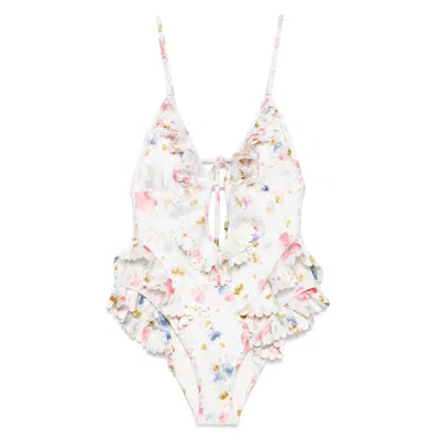 Zimmermann Multicolour Floral Swimsuit With Ruffled Edges And Adjustable Ties In Multi