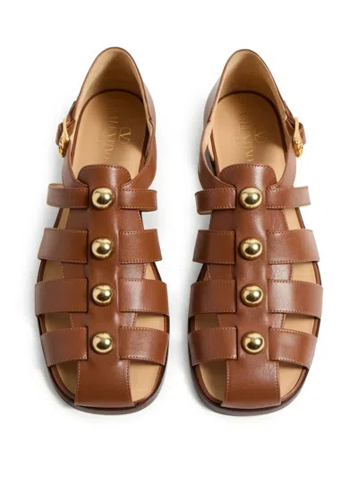 Valentino Garavani Studshield Fisherman Calfskin Sandal In Brown