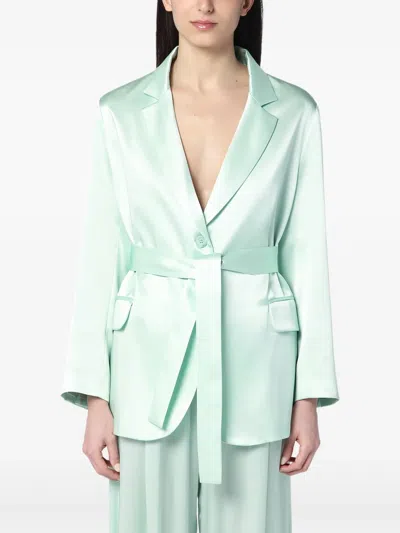 Semicouture Christiana Belted Satin Notched Flap Jacket In Blue